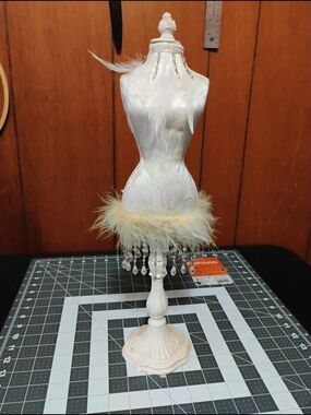 White Decorative Dress Form Jewelry Holder with Feather Trim
